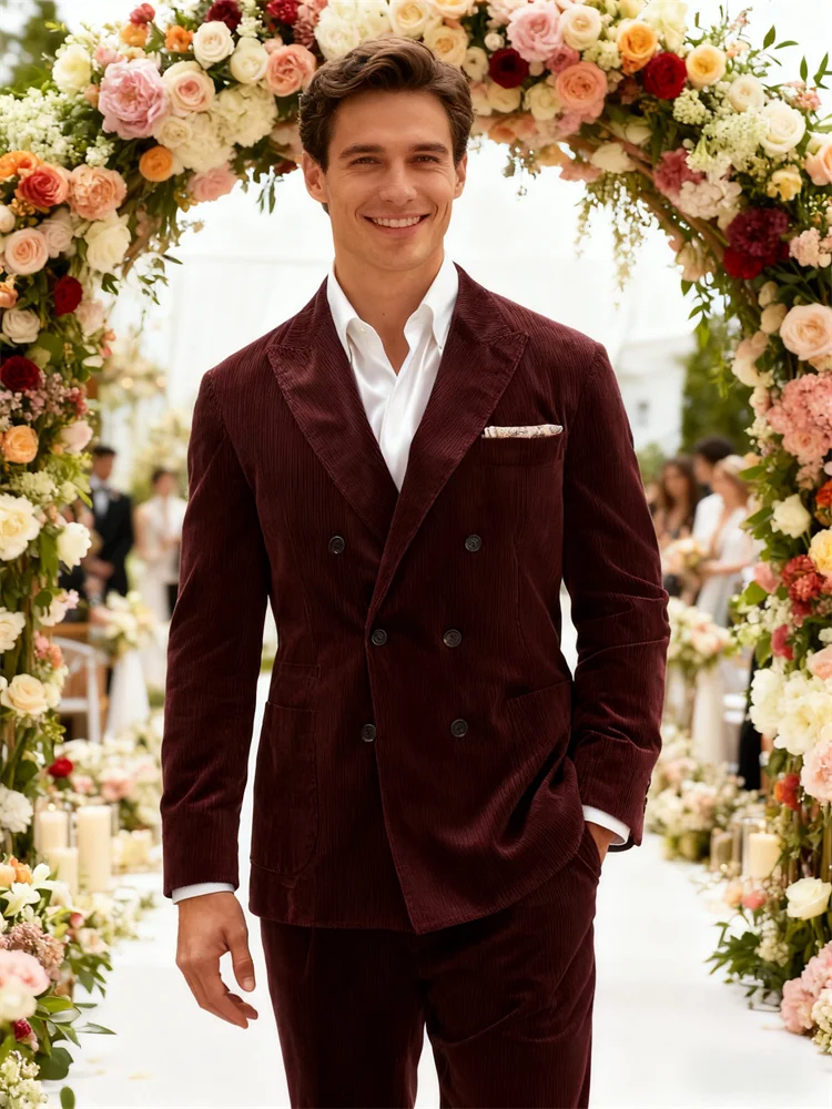 Outono inverno veludo masculino 2 peças terno homem profundo borgonha terno jaqueta terno calças terno grosso superior para banquete de casamento negócios