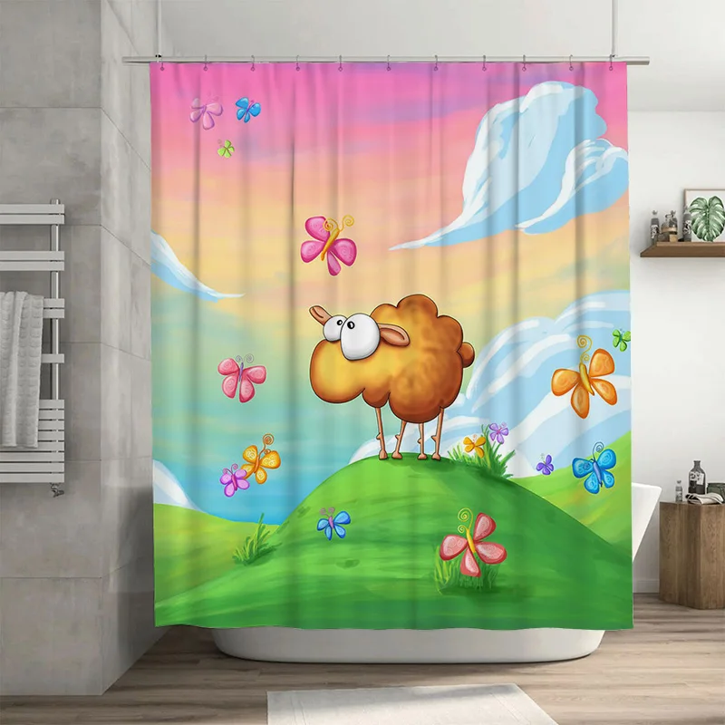 

Rainbow Butterflies Sheep Cartoon Shower Curtain Home Decor for Bathroom