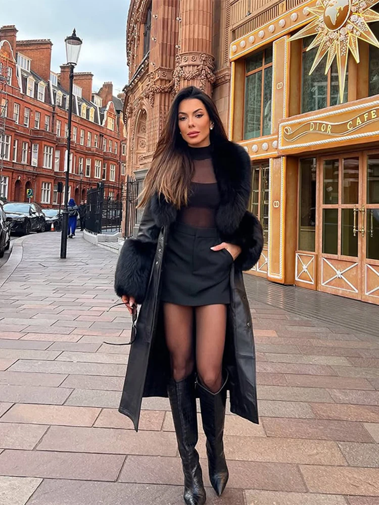 

Long Faux Leather Patchwork Fur Women Coat Belt Solid Chic Female Clothing Jacket Loose Cool Spring Autumn Top ﻿