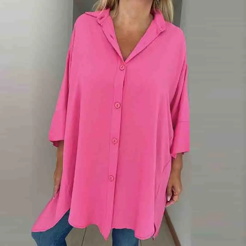 Cárdigans holgados con botones para mujer, camisas irregulares con solapa, Mangas de tres cuartos, informales, de Color sólido, para viaje, de verano