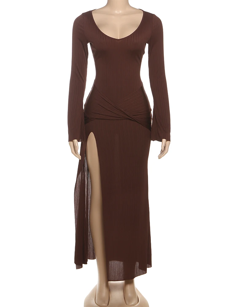 Sukienka damska Weird Puss, marszczona, elegancka, z głębokim dekoltem, seksownym dekoltem, rozkloszowanymi rękawami, wysokimi rozcięciami, suknia na nocny bal, obcisła, Vestidos