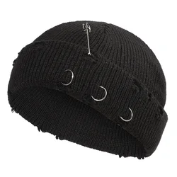 9 Colors Fashionable Ladies Winter Warm Knitted Caps 3 Metal Ring Buckled Hat Cool Pure Hip Hop Hats for Women