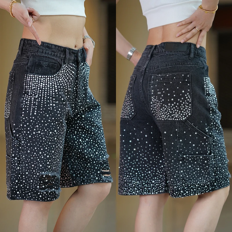 2025 Summer New Heavy Rhinestone Denim Shorts Men Fashion Trend Five-point Shorts American Style Loose Versatile Short