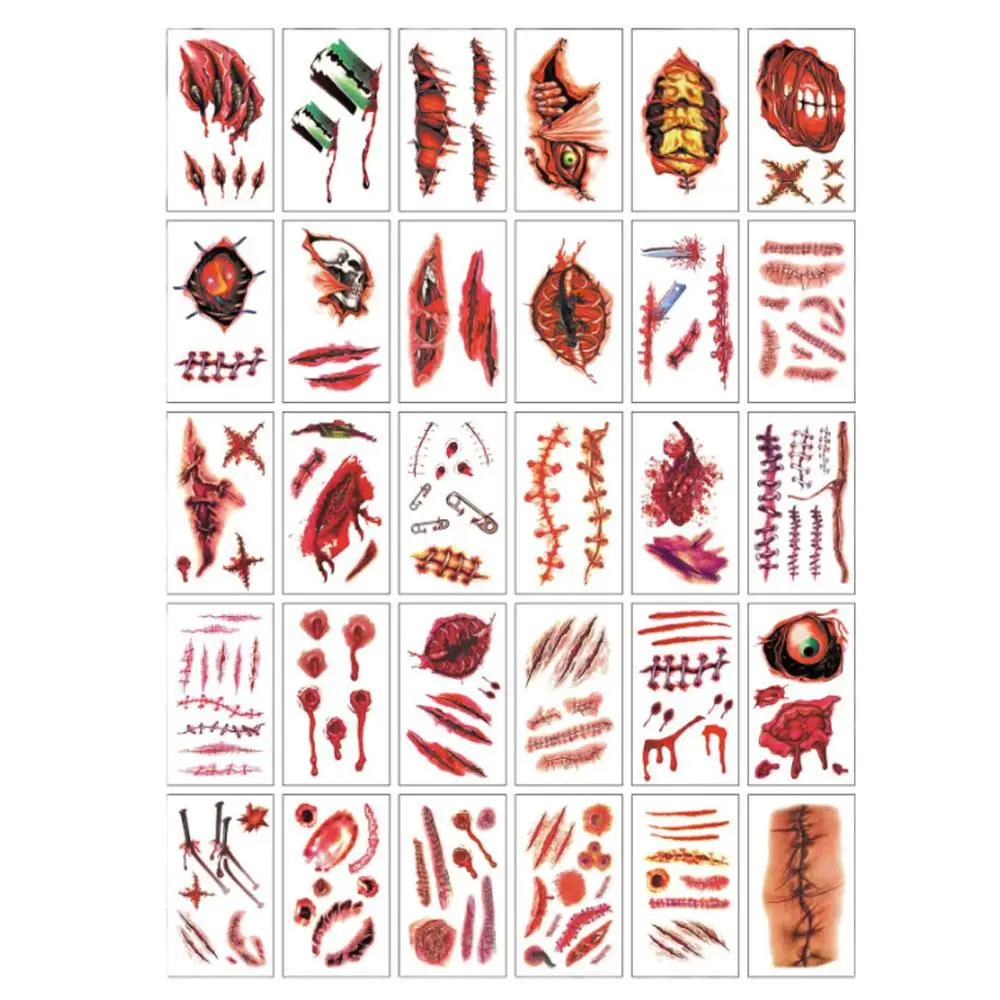 30Sheets Fake Scars Tattoos Temporary Chucky Zombie Makeup Realistic Halloween Face Stitch Scar Makeup Stickers Masquerade Prank