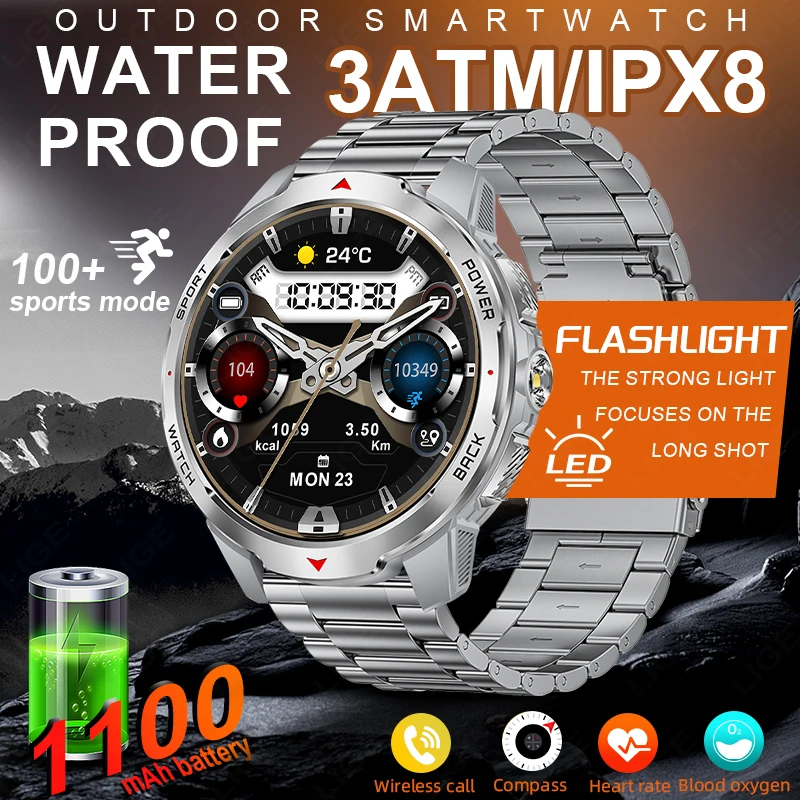 

LIGE Новые Смарт-часы с аккумулятором емкостью 1100 мАч, компас, 2025 1,7 дюйма, HD-экран, светодиодный фонарик, спорт на открытом воздухе, водонепроницаемые умные часы 3 атм для мужчин
