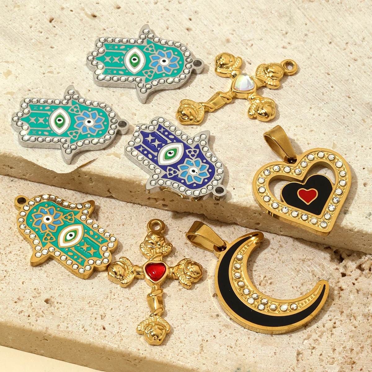 3pcs/Lot French Stone Hamsa Hand Eye Stainless Steel Necklace Pendant Women Enamel Heart Cross Earring DIY Charms Moon Jewelry