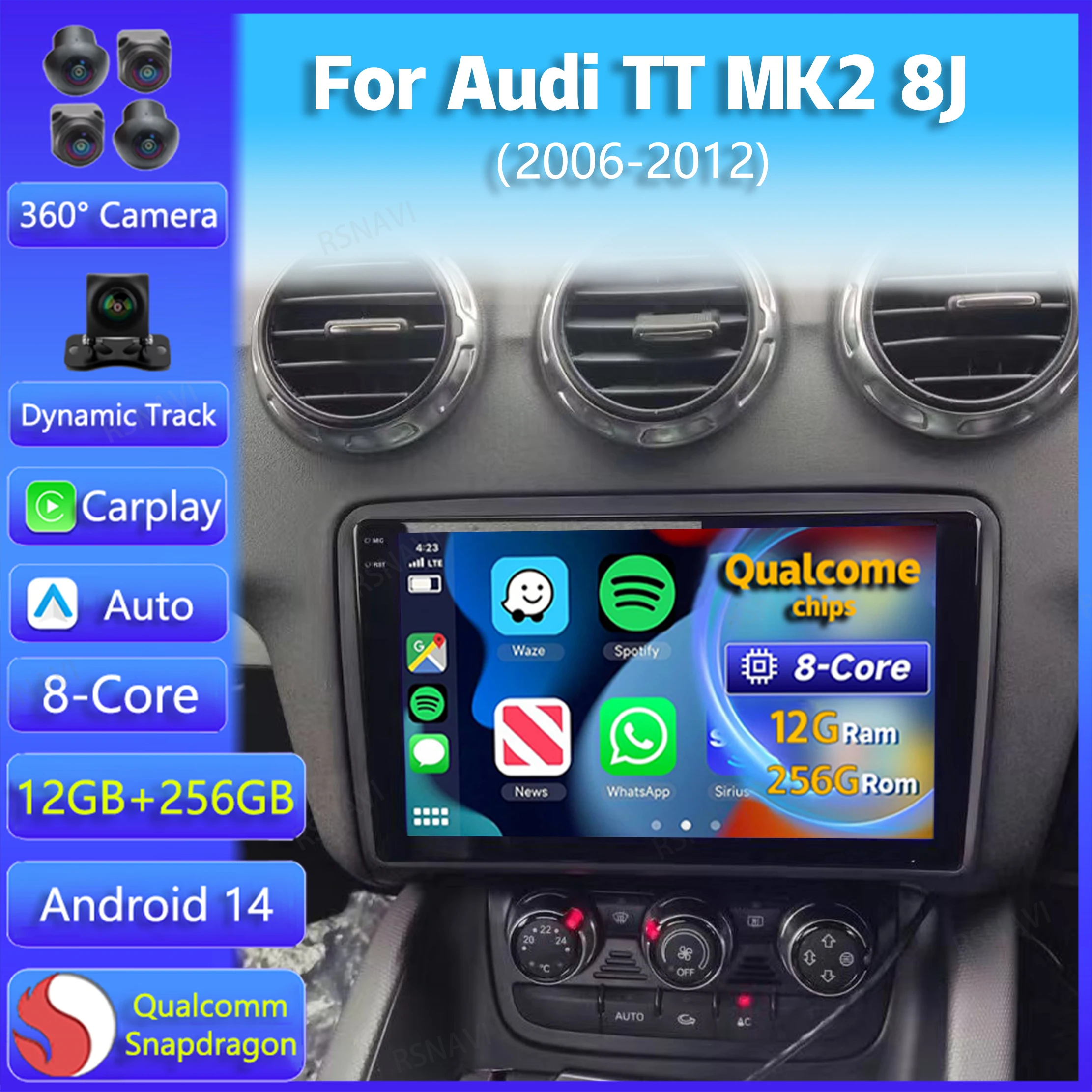 أندرويد 14 Carplay السيارات لأودي TT MK2 8J 2006 2007 2008 2009 2010 2011 2012 الوسائط المتعددة راديو السيارة لتحديد المواقع لاعب WiFi + 4G DSP ستيريو