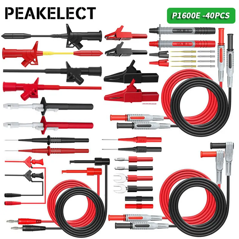 Peakelect P1600E 4mm Banana Plug Multimeter Test Leads Kit Insulation Piercing Needle Automotive Probe IC Test Hook Set