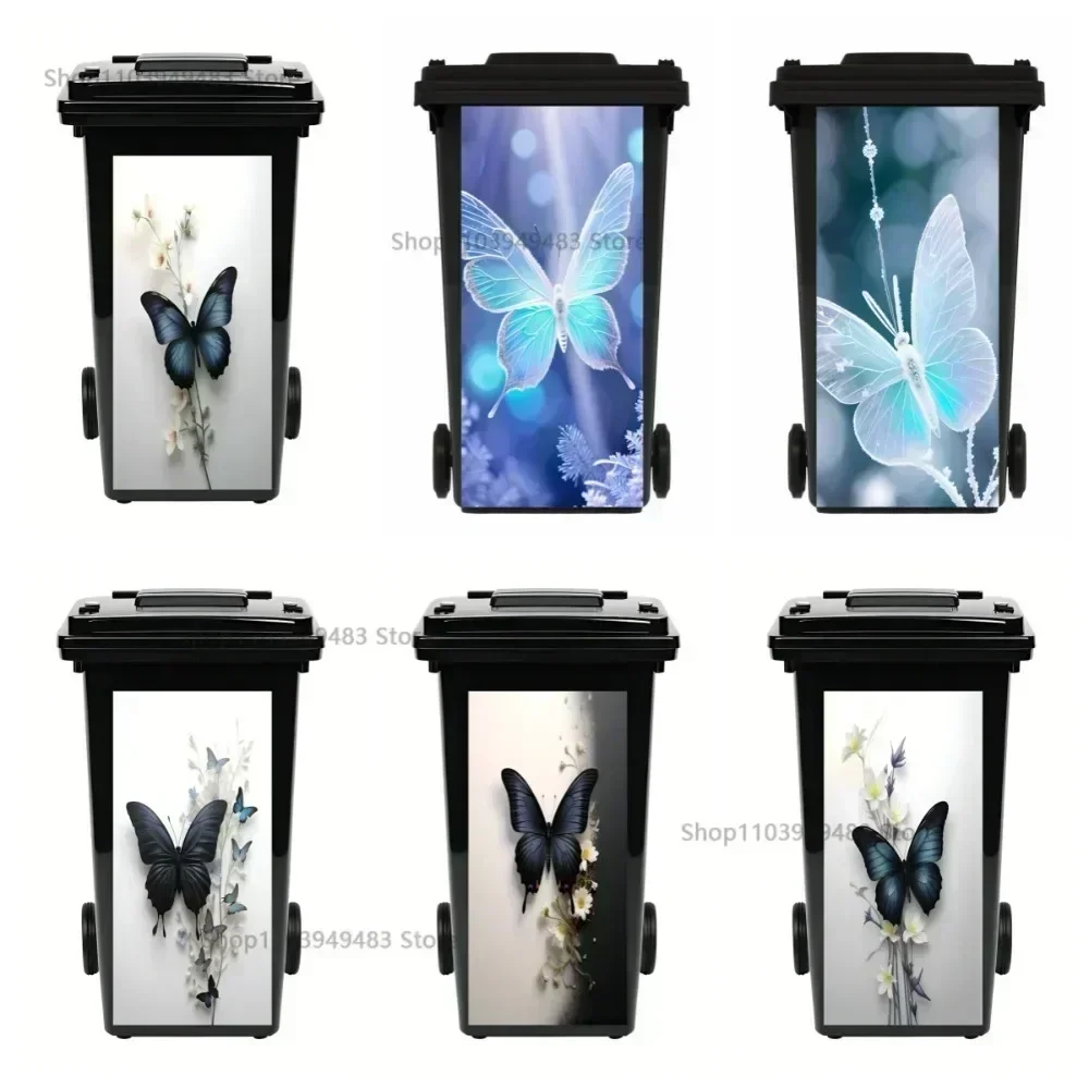 Butterfly Series Flowers Art Mural Self-adhesive Garbage Bin Wrap Stickers for Home Decor PVC Waterproof Trash Can Renovation