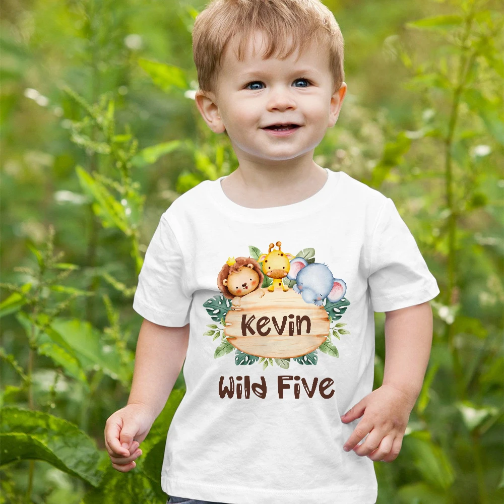 Personalized Birthday Shirt 1-12 Year T-Shirt Tee Girls Boys Wild Jungle Party Outfits  Animal with Name Tops Kids Shower Gift