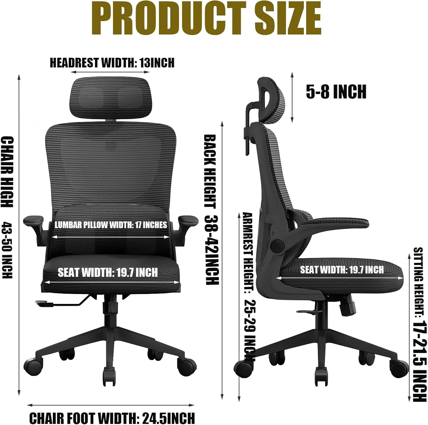 Computer office chair with FILP upward armrest gaming chair, lumbar support, adjustable headrest height rotating chair