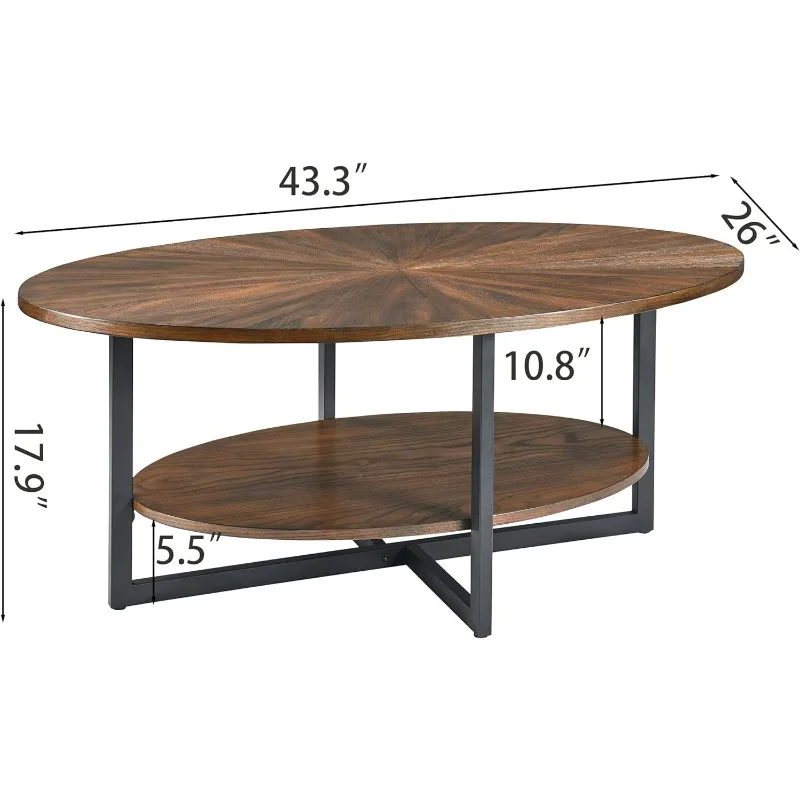 JESONVID Solid Wood Oval Coffee Table with Cross Metal Legs, 43.3in Modern Industrail Center Table,Open Shelf Cocktail Tea Table image 2