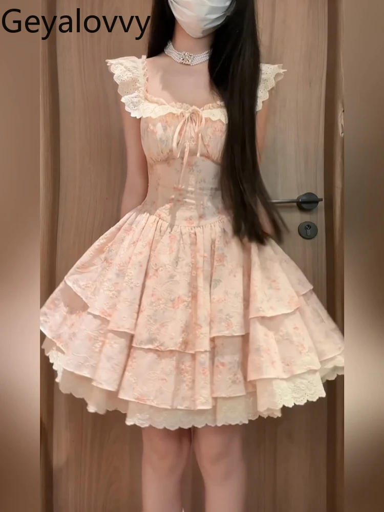 فستان فرنسي جميل لطيف للفتيات بأكمام طائرة مزين بالزهور فستان صيفي جديد للعطلات عالي الخصر للتخسيس فساتين الأميرة توتو للنساء