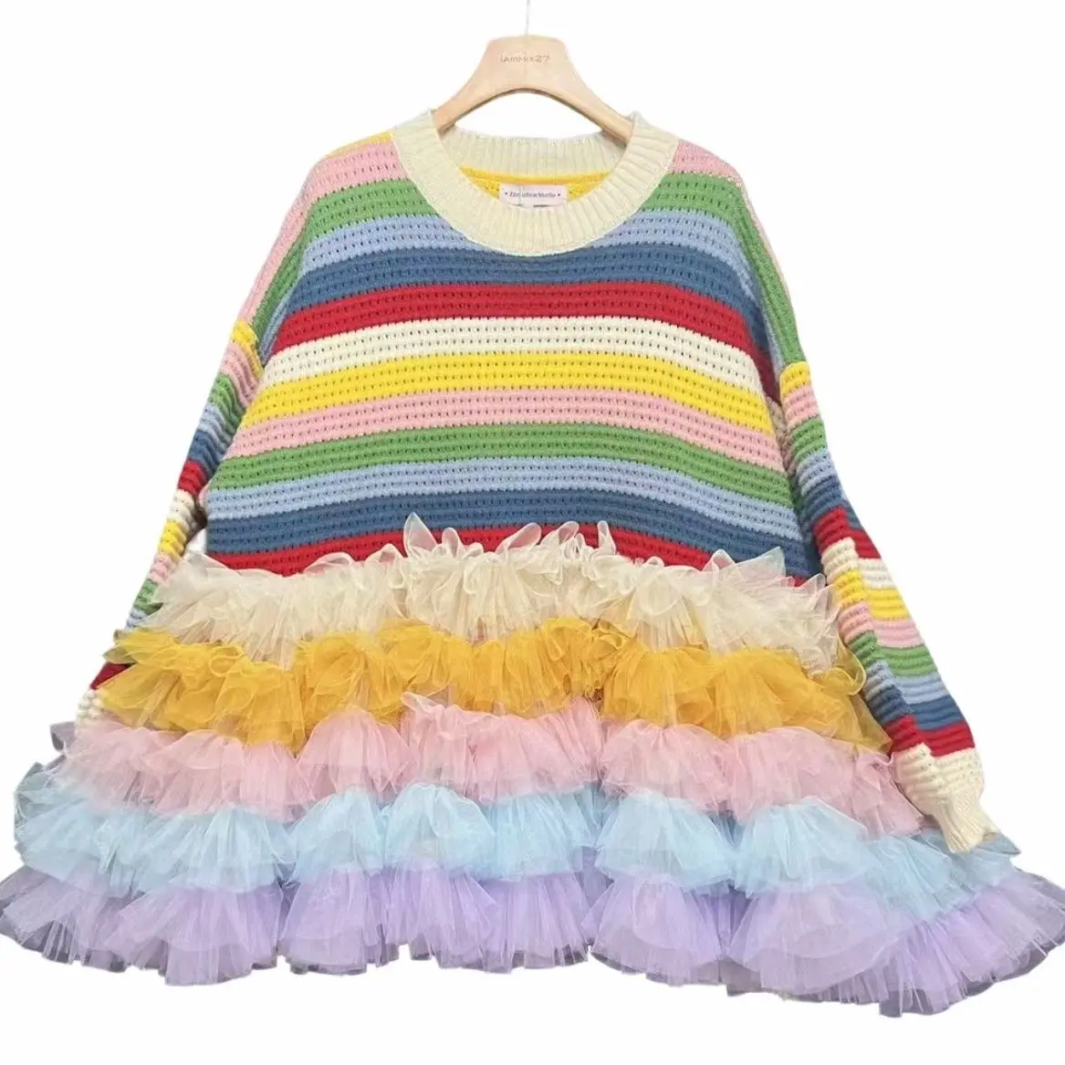 

Шикарное женское полосатое вязаное платье-свитер цвета радуги, сетчатое пуловерное платье с оборками, газовое плиссированное трикотажное платье в форме лотоса, топы