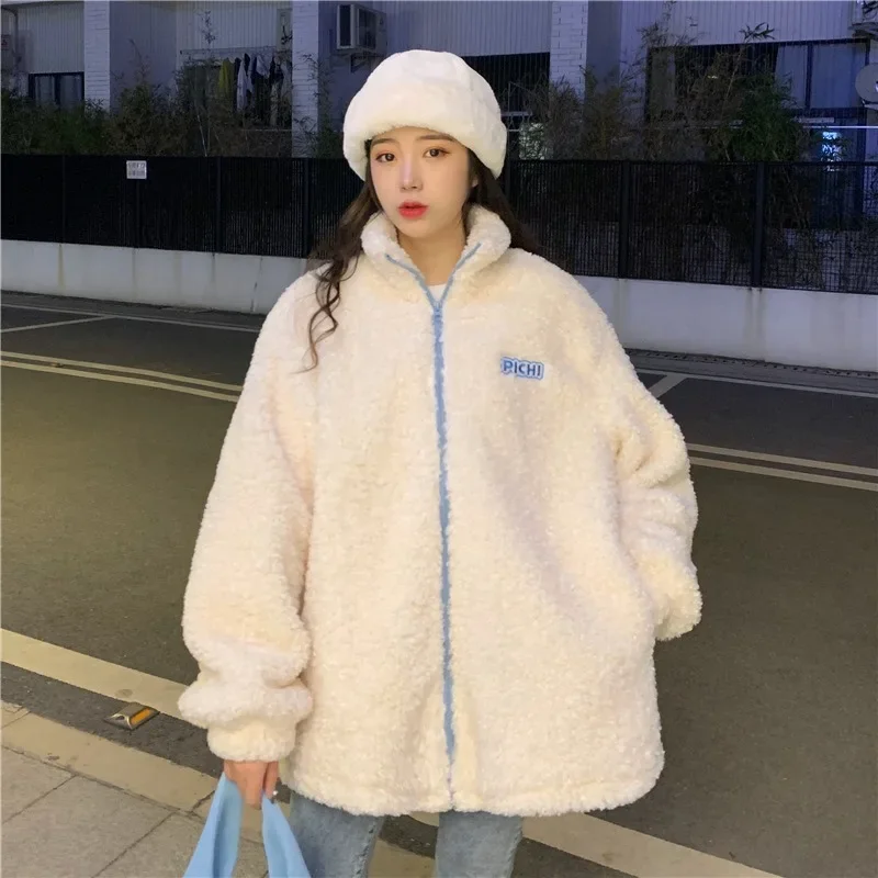 Lamb Wool Coat Winter Clothes Women Zipper Sweatshirt Korean Fashion Thinner Stand Collar Cardigan Harajuku Hoodie Women Y2k