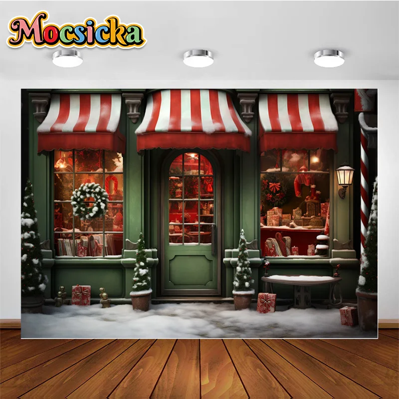 Photography Backgrounds Green Christmas Shop Gift Boxes Xmas Tree Decoration Backdrops Family Portrait Photosbooth Party Props