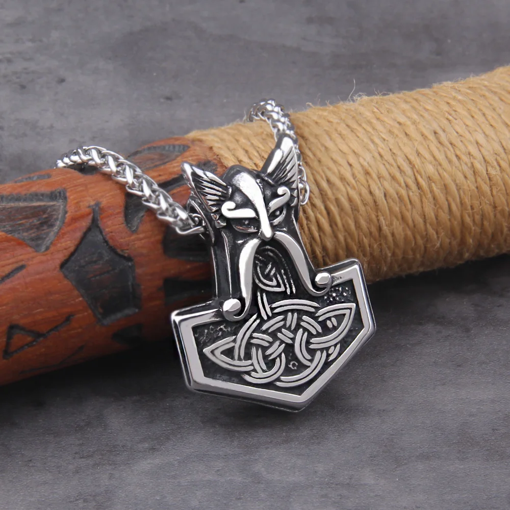 Norse Vikings Thor's Hammer Mjolnir Scandinavian Rune Amulet Necklace Vegvisir Wolf and Raven Anchor Pendant Male Jewelry view 4