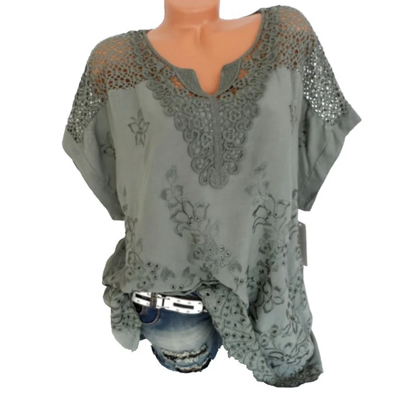 Camisa de manga corta holgada de encaje para mujer, blusas de algodón a la moda, camiseta de malla, Tops sexys, camisa elegante para mujer 2022