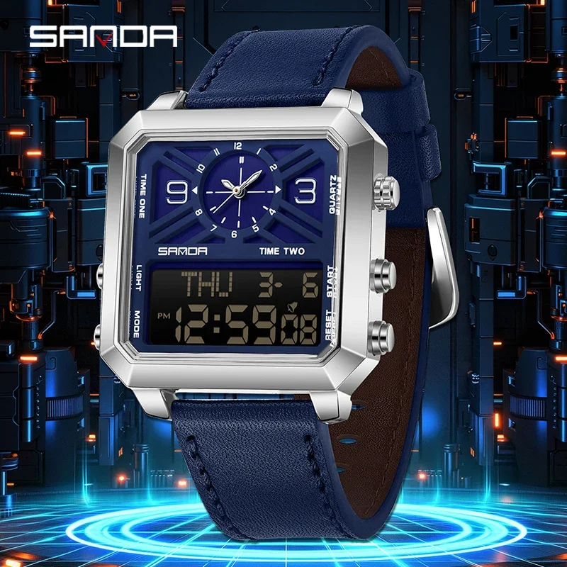 

SANDA Business Sports Square Dual Display Men's Quartz Watch Waterproof LED Analog Digital Countdown Electronic Male Wristwatch