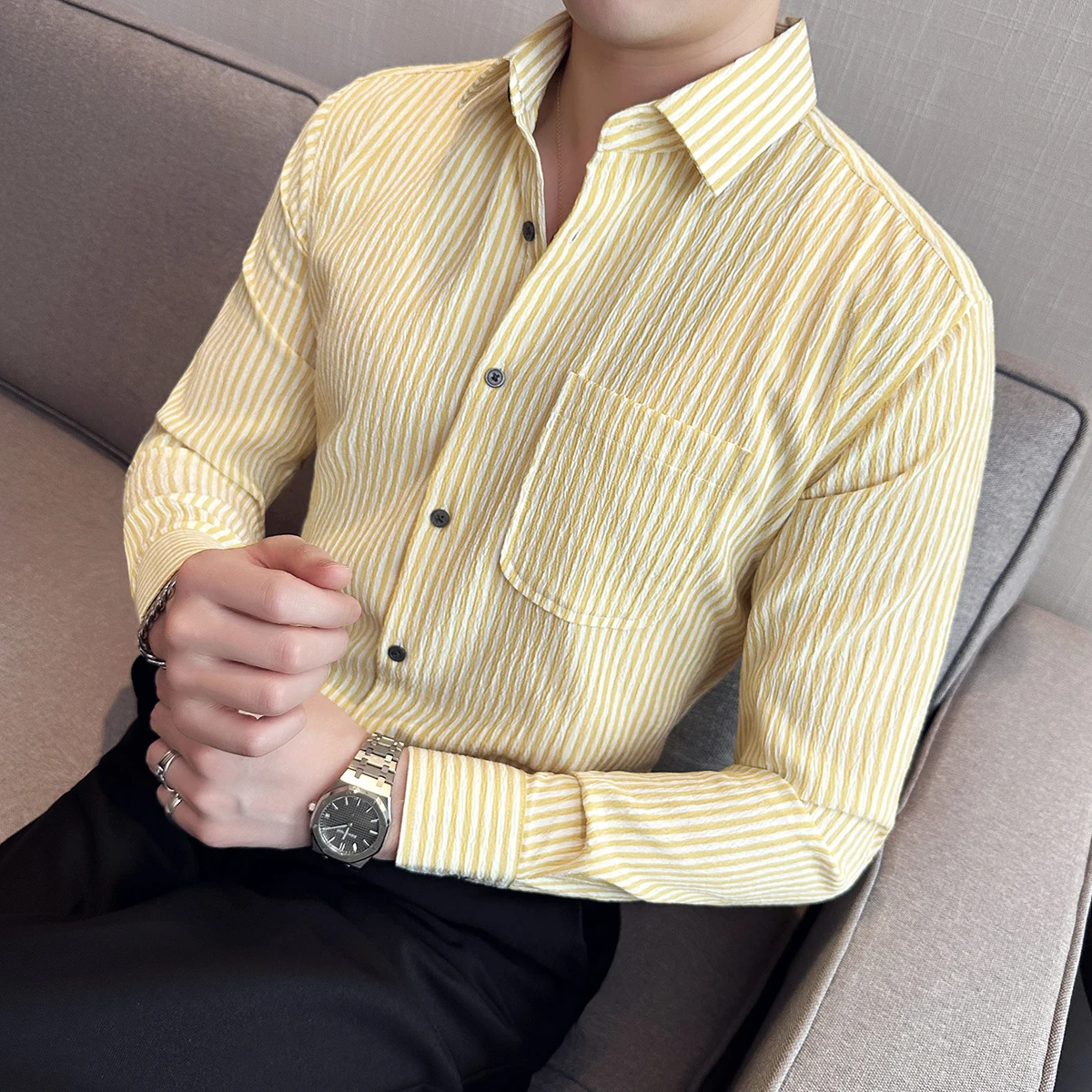 Seersucker Fabric Striped Shirt Men\'s Summer Long Sleeve Slim Fit Shirt Fashion Versatile Casual Sunscreen Clothes Shirts Coat