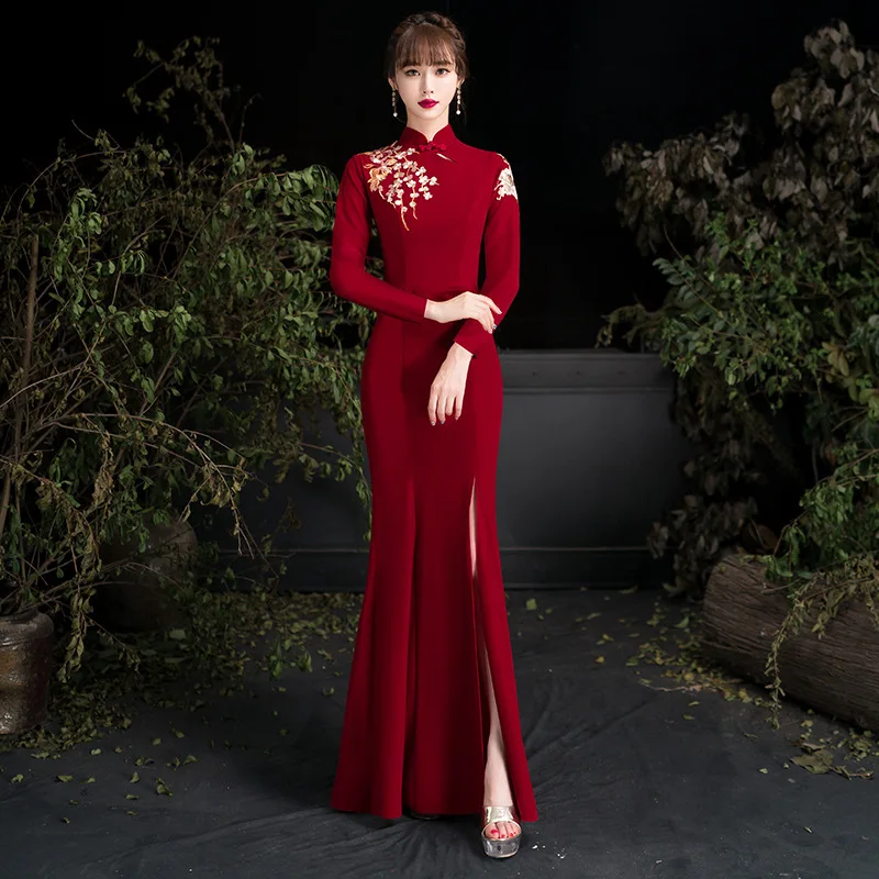 Lady Burgundy Mermaid Qipao Cheongsam Sexy Slim Split Evening Party Dress Classic Embroidered Flower Chines Bridal Wedding Dress