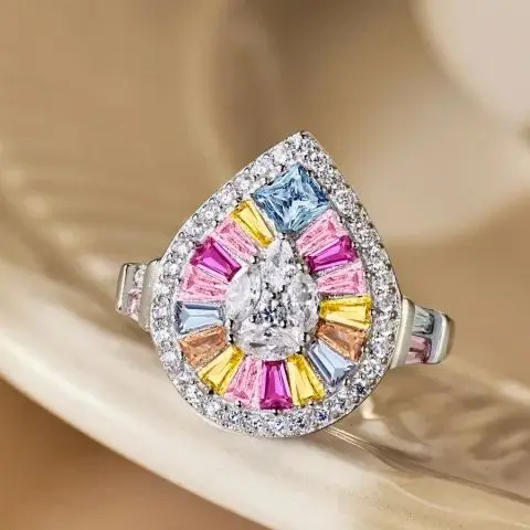 

S925 Silver Rainbow Pear Cut Ring Rectangular Cubic Zirconia Stones with Multi layered Design and Exquisite Fine Jewelry Ring