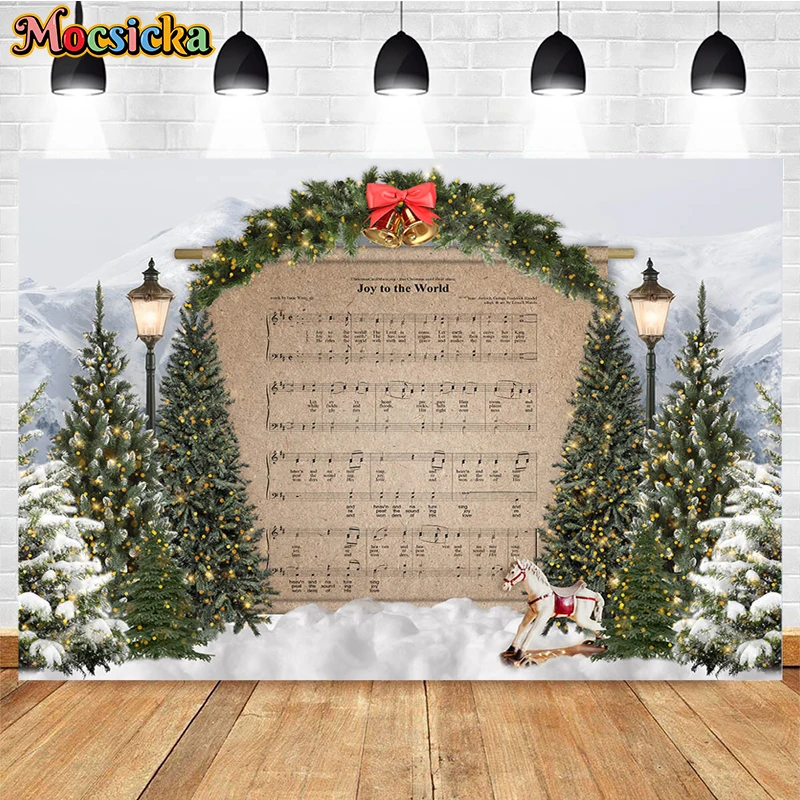 Mocsicka Christmas Backdrop Xmas Tree Winter Snow Music Score Decors Kids Birthday Backgrounds Photographs Shooting Props Banner
