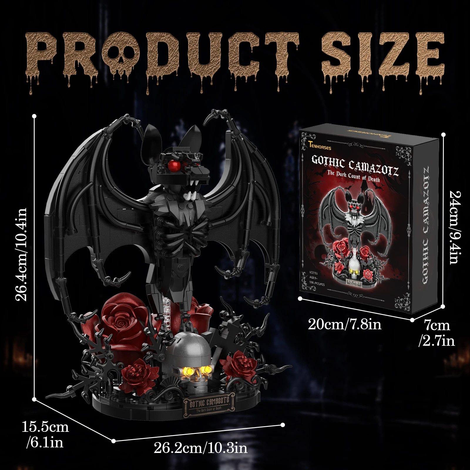 Halloween Bat & Skull Rose Building Set, Gothic Decor Toys Horror Skeleton Bat Model Kits with Cross & Flowers, Gothic Home Decor, Halloween Christmas Birthday Gift for Kids 8+, 598PCS