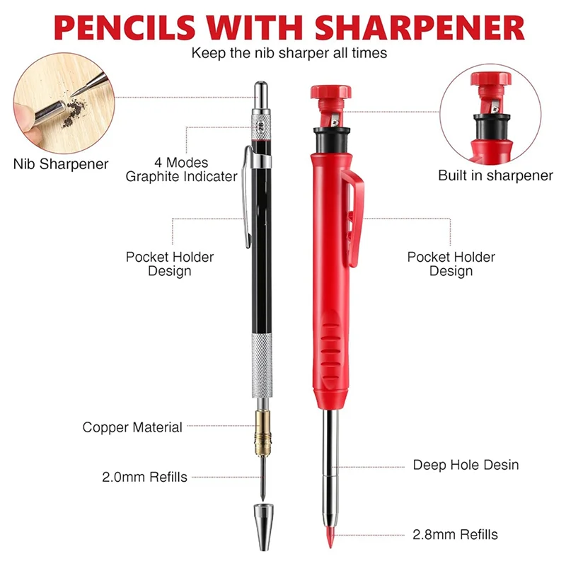 مجموعة أقلام رصاص QWE-Carpenter، 4 أقلام نجار صلبة ملونة مع مبراة، عبوات، ثقب مركزي تلقائي