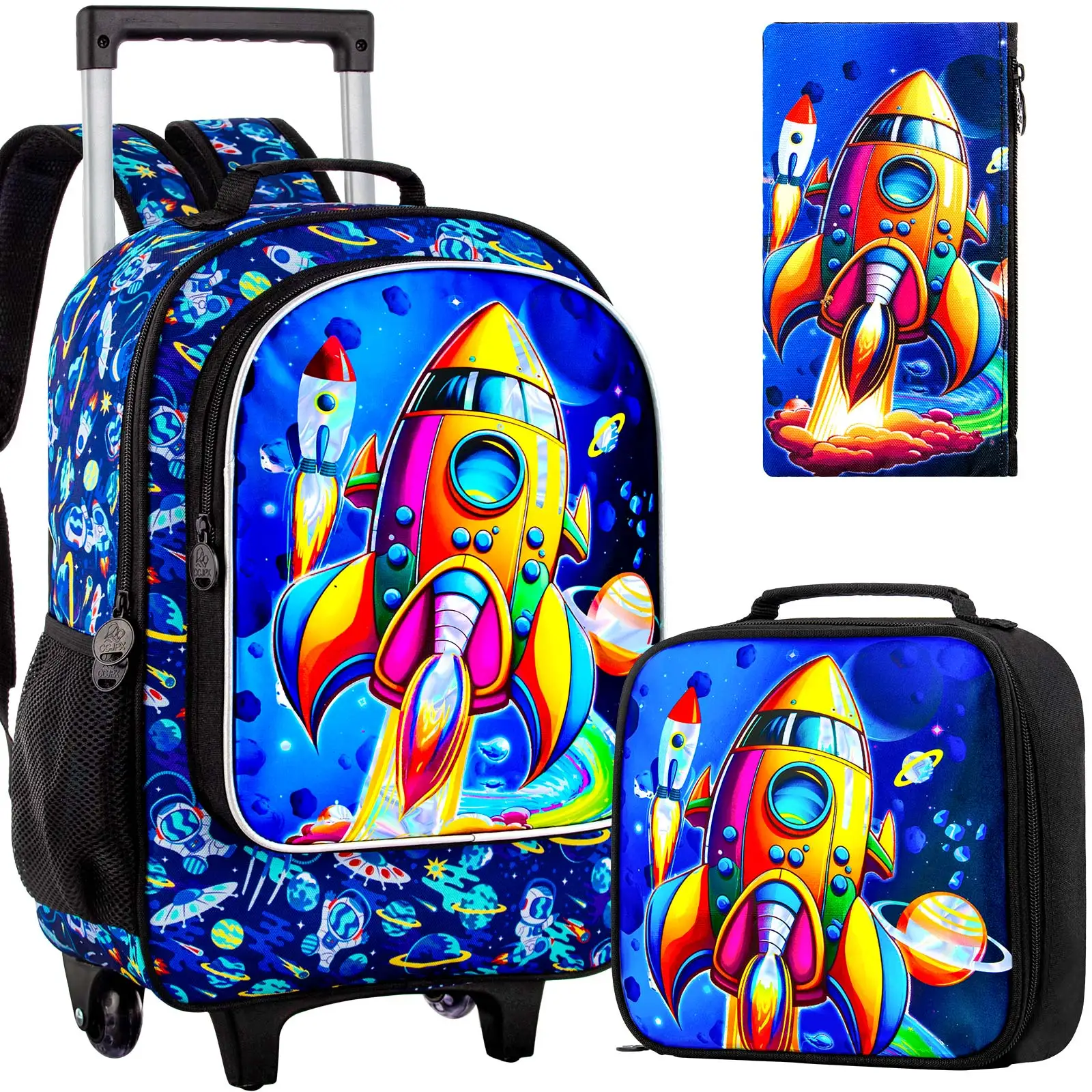 Rolling Backpack for Boys, Kids Roller Wheels School Bookbag with Lunch Bag, Wheeled School Bag for Children