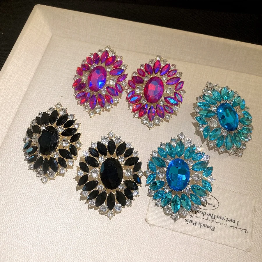 Oval Center Crystal Floral Stud Earrings Marquise Rhinestone Ear Jewelry Multicolor Gem Elegant Party Formal Women Fashion Gift