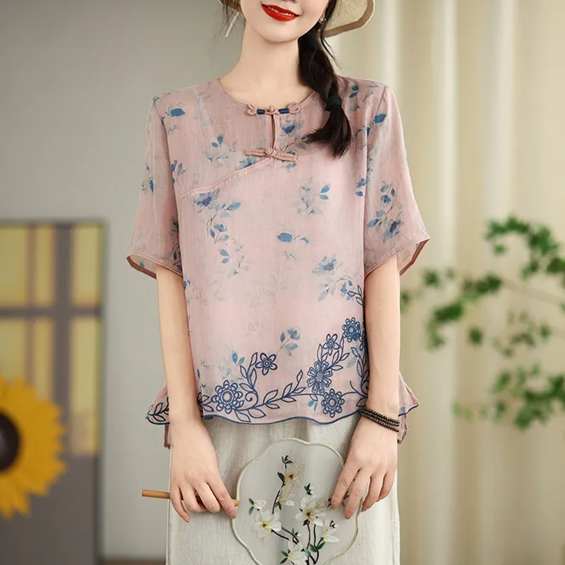 Women Casual Blouses Shirts New Arrival 2024 Summer Chinese Style Vintage Embroidery Loose Feamle Short Sleeve Tops B3882