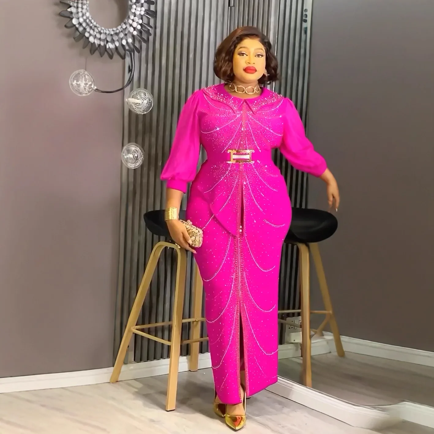 

2026 Plus Size African Party Dresses for Women Dashiki Diamond Bodycon Slit Long Dress Elegant Muslim Wedding Evening Gowns