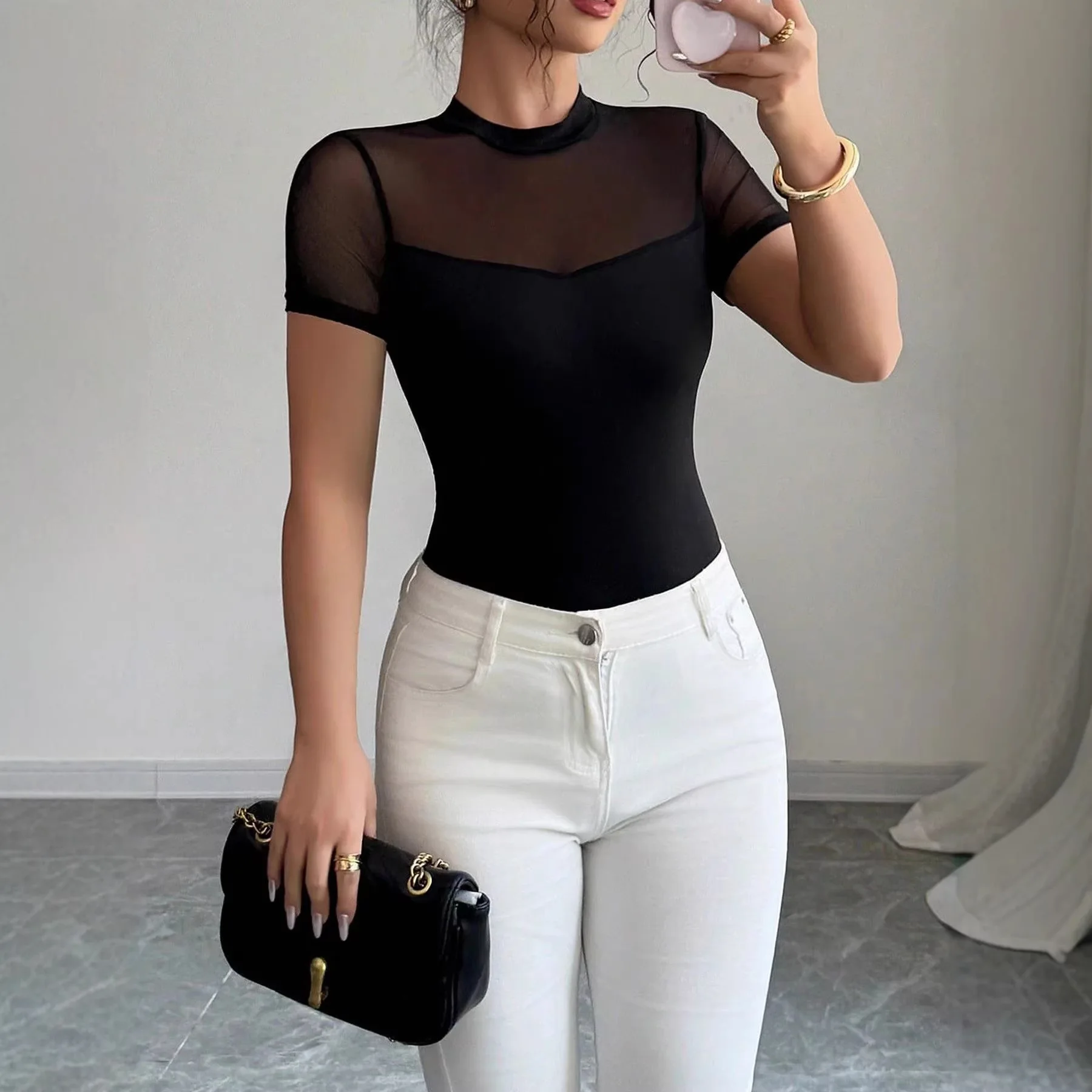 Women's Solid Color Round Neck Mesh Patchwork Slim Fit Short Sleeve Knit Top Evening Dresses Beach Clothes Boho