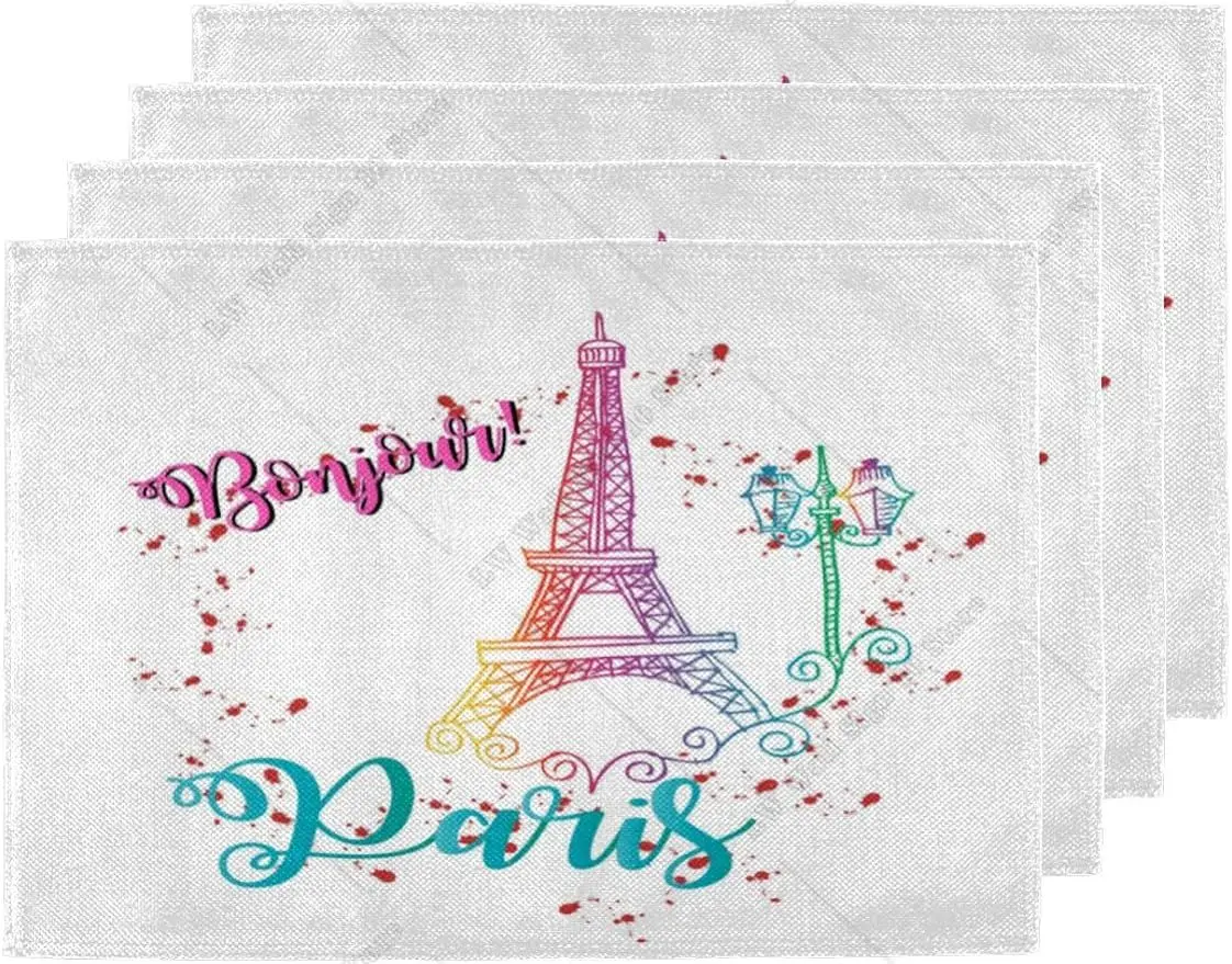 Bonjour Paris Tower Placemats Set of 4 Fabric Placemats 12x18 Inch Heat Resistant Washable Placemat for Kitchen Table Decor