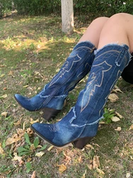 2024 New Denim Embroidered Retro Pointed Western Cowboy Boots Women's Thick Heel Knee High Boots