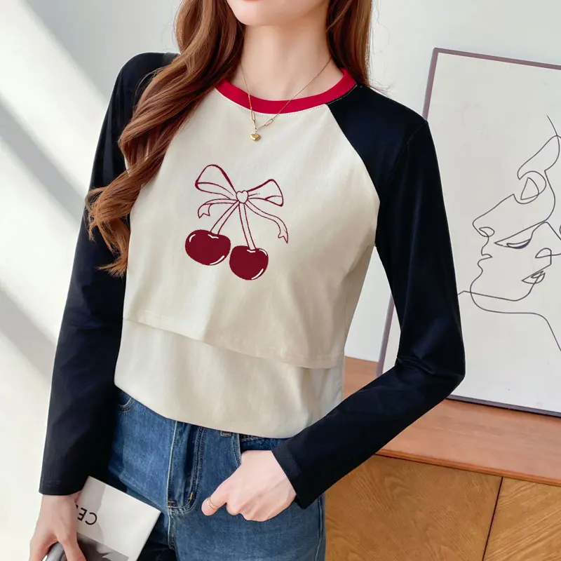 

Spring Autumn Long-Sleeve Maternity Nursing T-Shirt 100% Cotton Loose & Flattering Breastfeeding Top for Postpartum Tees Youth