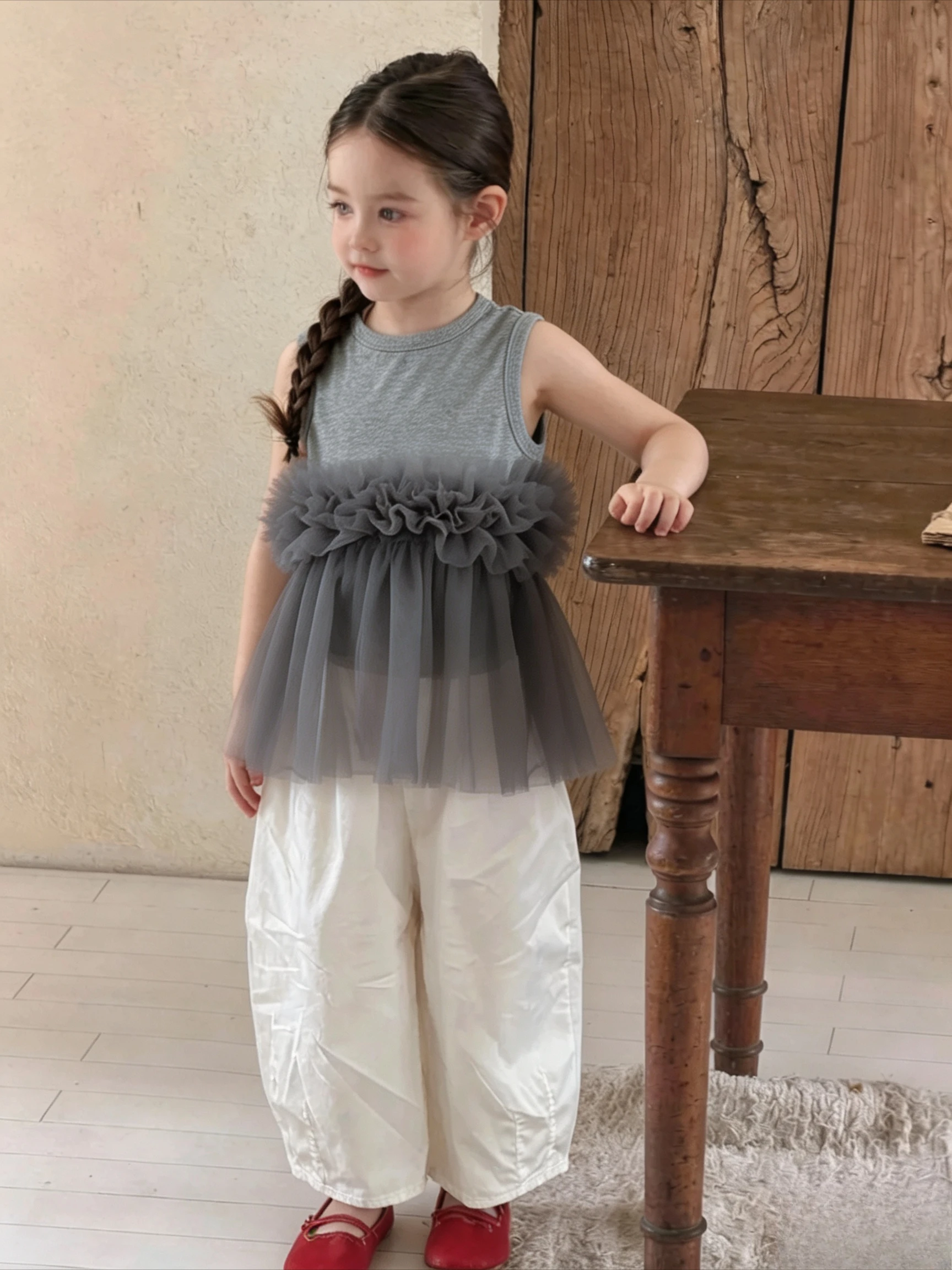 2026 Clothing Summer New Korean Girls Mesh Patch Knit Vest Top Kids Stylish Soft Mesh Vest Fashionable Stylish Designable
