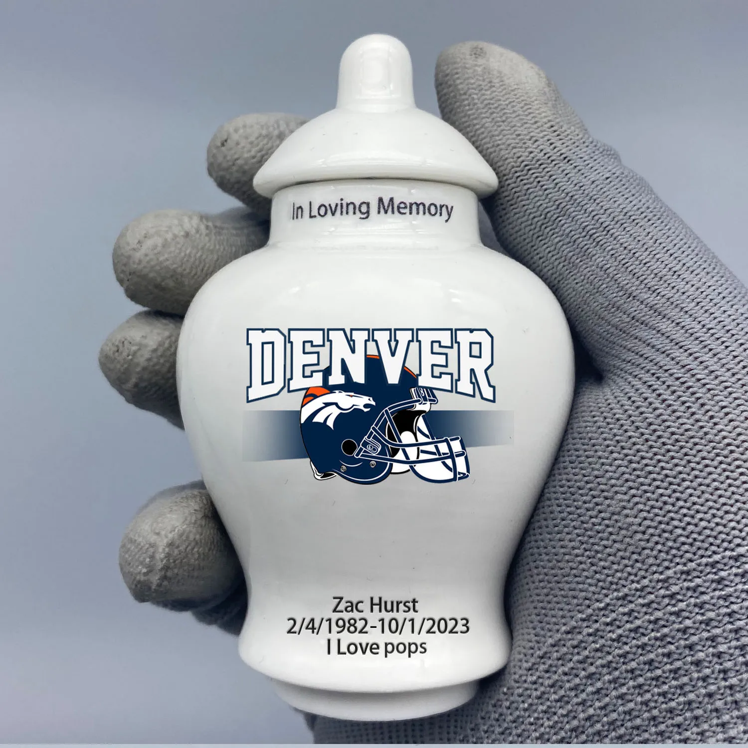 Mini Urn for Denver Broncos-themed Logo Urn.Please send me the customization information - name/date and number on the urn!