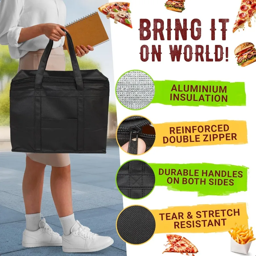 Sac de livraison alimentaire isolé noir. Sacs d'épicerie isolés avec dessus zippé. Sac de restauration pliable pour les livraisons alimentaires. Heavy D