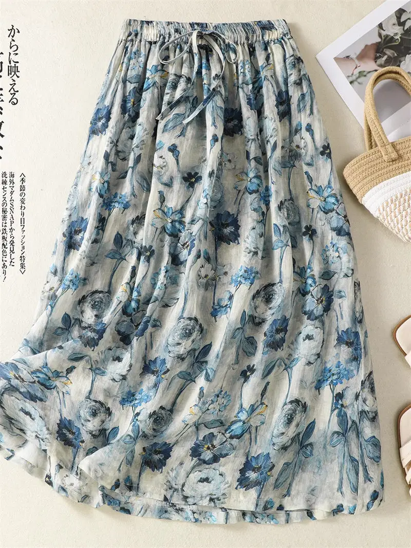 

Retro Oil Painting Printed Linen Skirt For Women Summer Gentle Style Loose Fit High Waist Elegant A-Line Skirt G1239
