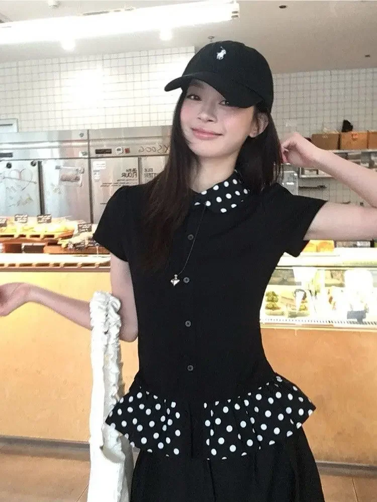 Women Summer Black Polka Dot Splice Peter Pan Collar Short Sleeve T-shirt Slim Fit Chic Ins Fashion Versatile Top