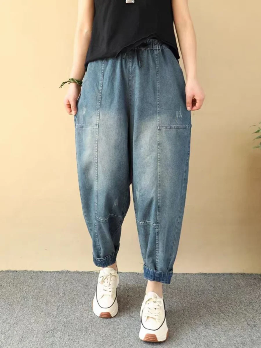 Jeans da donna semplici patchwork retrò primavera estate larghi taglie forti dimagranti pantaloni Harlan casual a nove punti pantaloni da papà