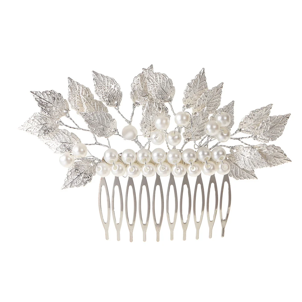 مشبك مشط شعر لؤلؤ الزفاف أوراق فضية غطاء رأس بوهيمي لحفلات الزفاف أداء المسرح مشط شعر الزفاف غطاء رأس العروس #3