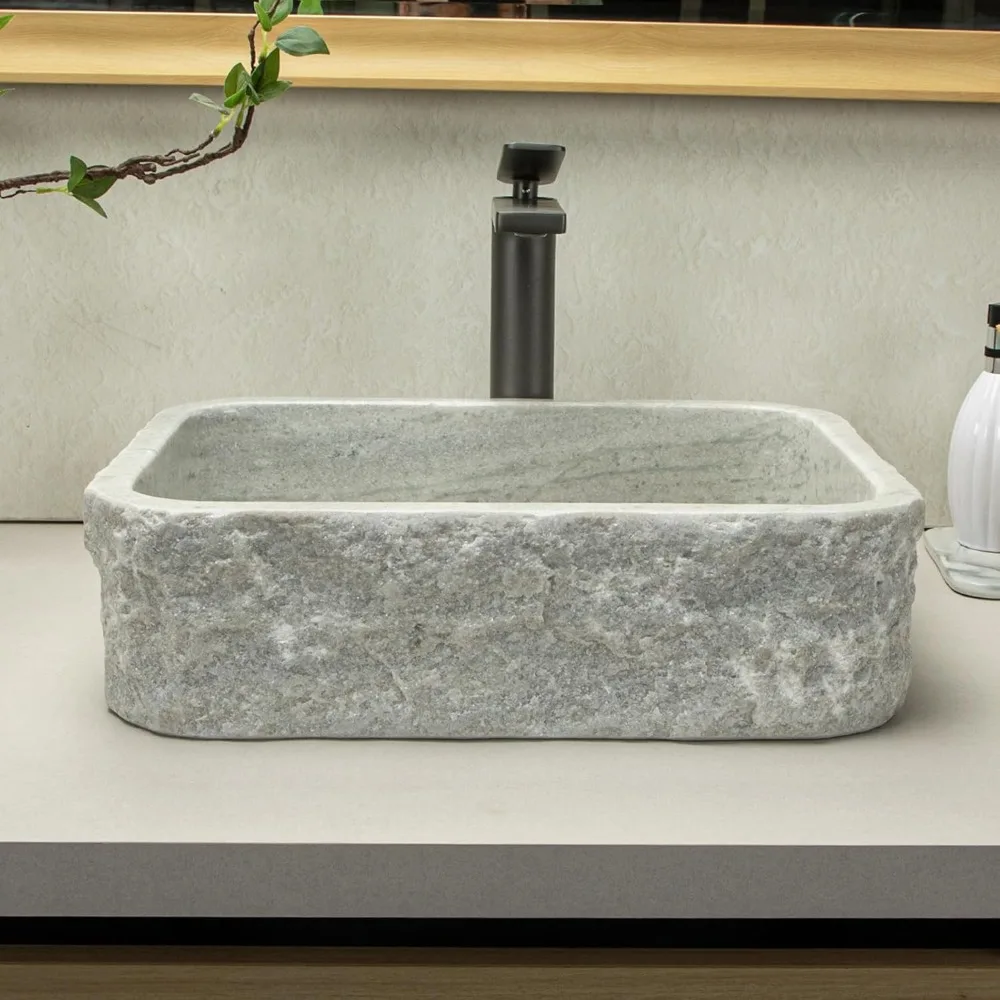 Fregadero de piedra 100% hecho a mano con diseño rectangular de rayas blancas: estilo rústico de granja para tocador o mostrador de baño