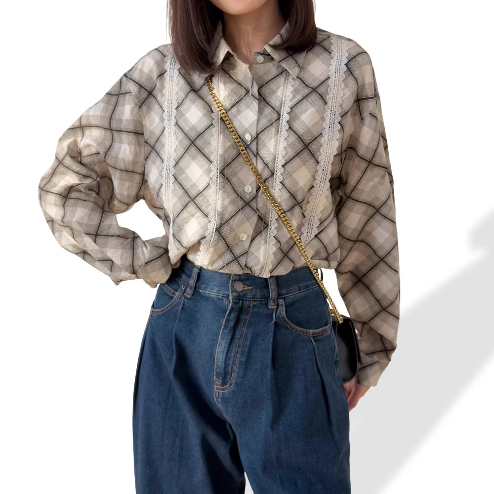 Women's Fashion Spring New 76% Natural Mulberry Silk Dry Silk Design Sense Drawstring British Grid Lace Edge Long Sleeve Shirt
