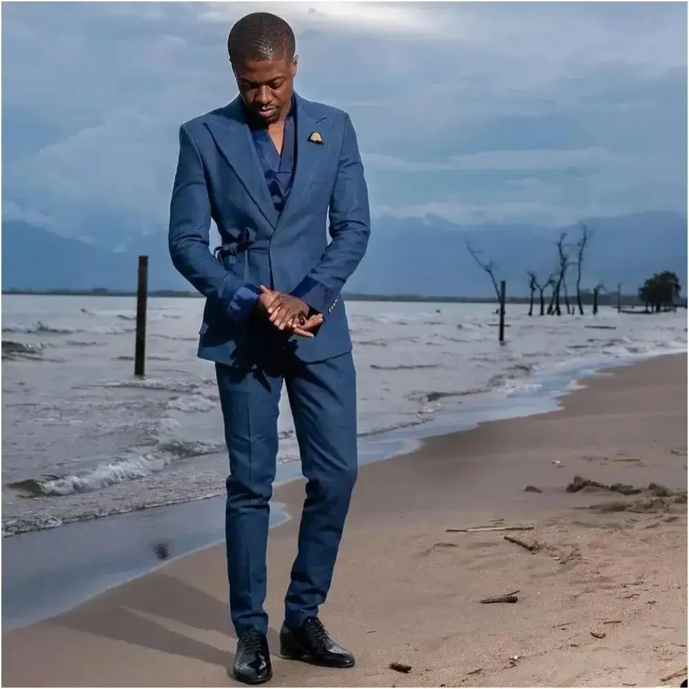 Traje italiano de alta gama para hombre con cinturón, conjunto de boda de 2 piezas ajustado, traje de fiesta de graduación para novio a la moda para hombre