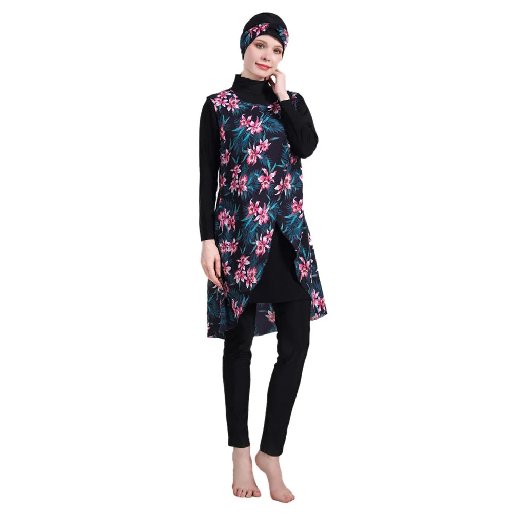 Muslim Swimwear Women Printed Stretch Full Cover Islamic Clothes 4 piece Hijab Long Sleeves Sport Swimsuit Burkinis Bathing Suit