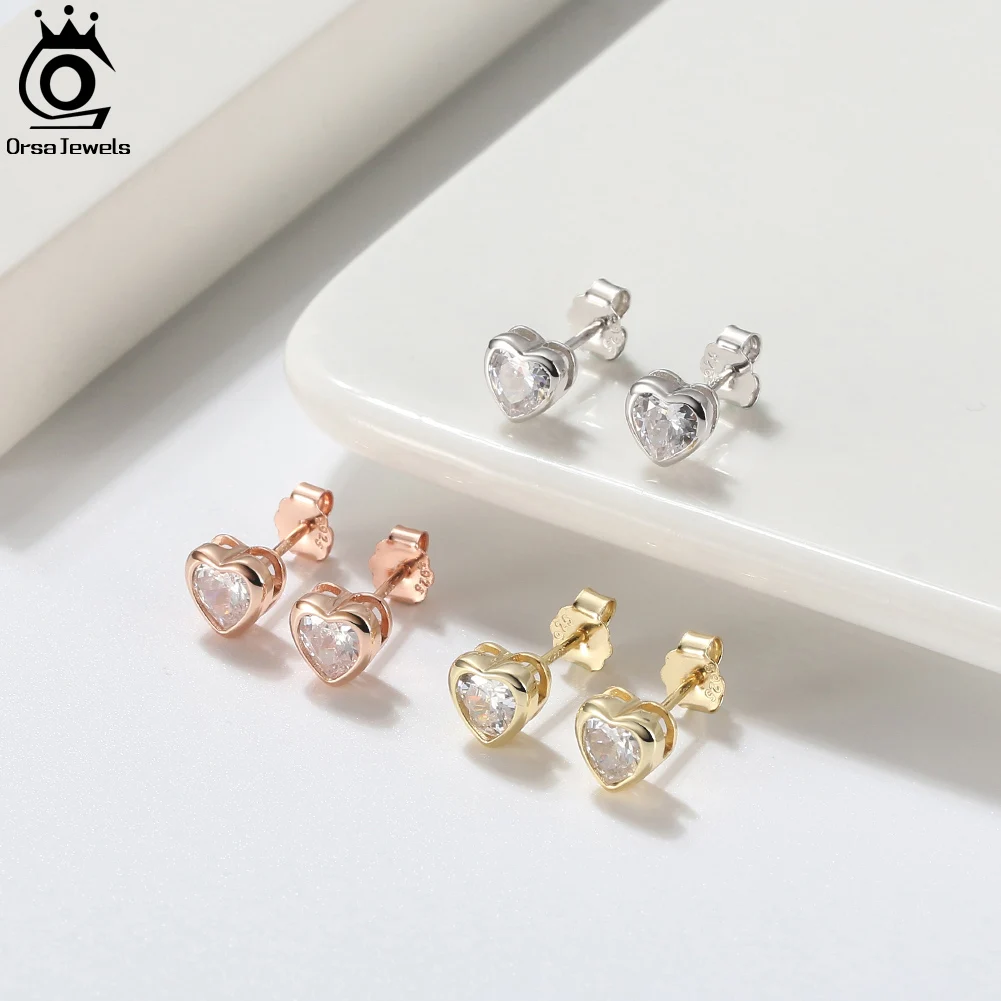 

ORSA JEWELS 100% 925 Sterling Silver Heart Zircon Stud Earrings Beautiful Women Sparkling Wedding Party Fine Jewelry Gifts APE44