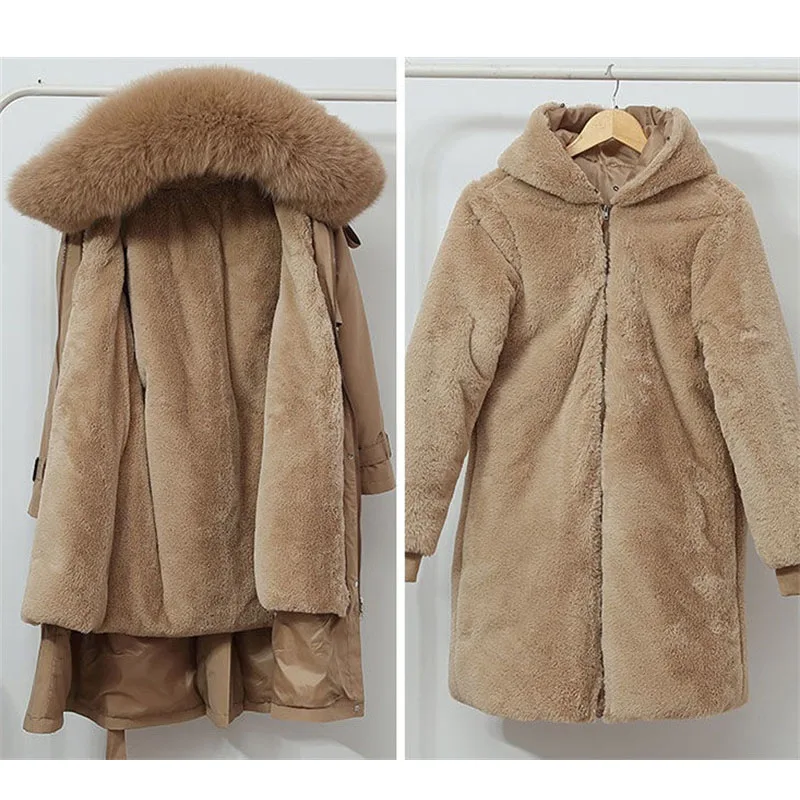 2024 nova jaqueta de inverno parkas femininas grosso forro de pele quente longo parka feminino com capuz velo acolchoado casaco destacável outwear 5xl